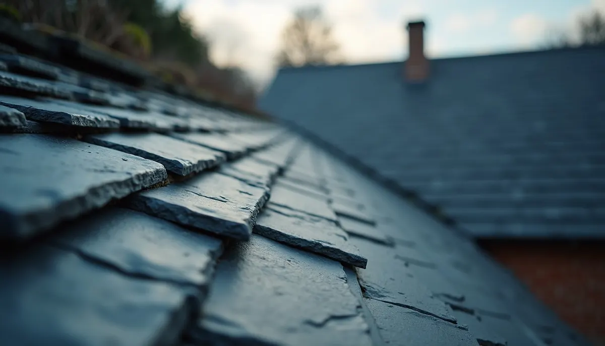 Close-up view of a slate roof revealing intricate details