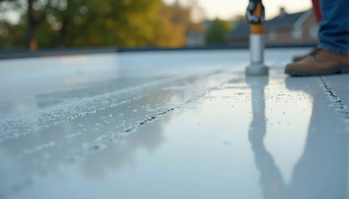 Close-up view of fibreglass flat roofing material being installed