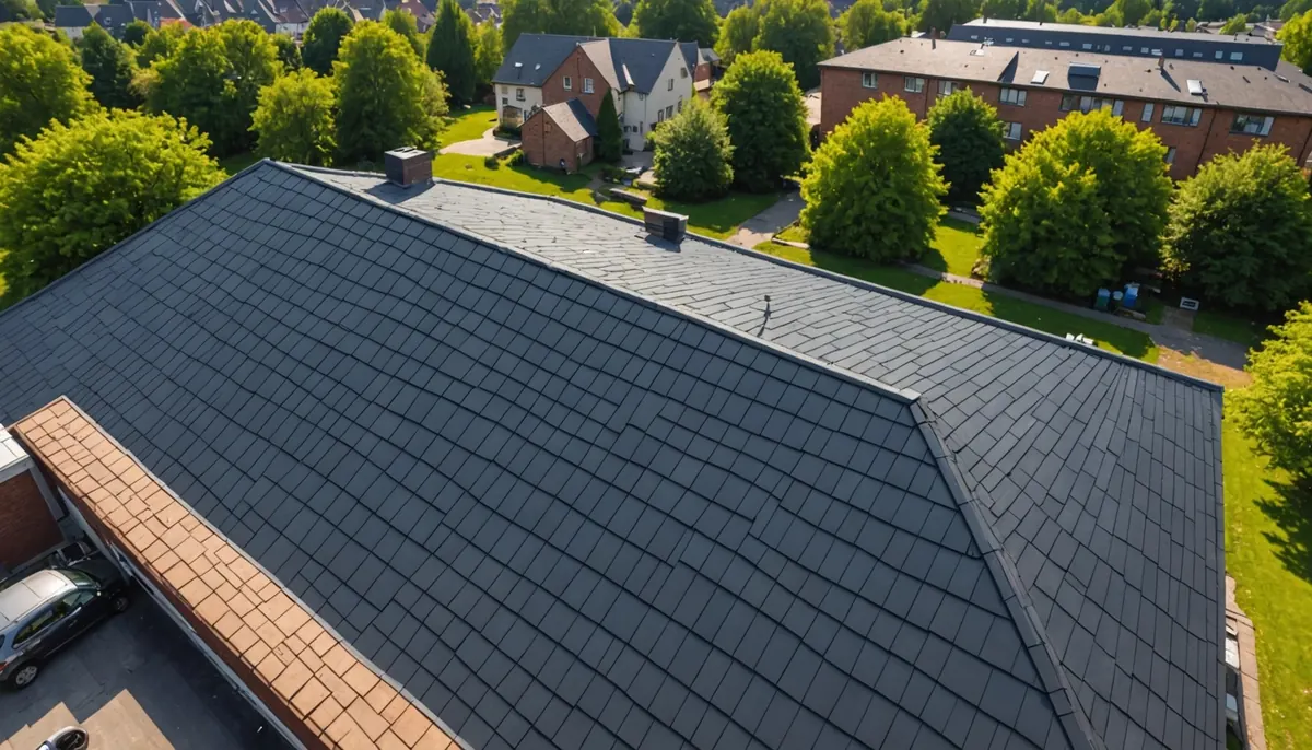 Wide angle view of a roofing project during installation
