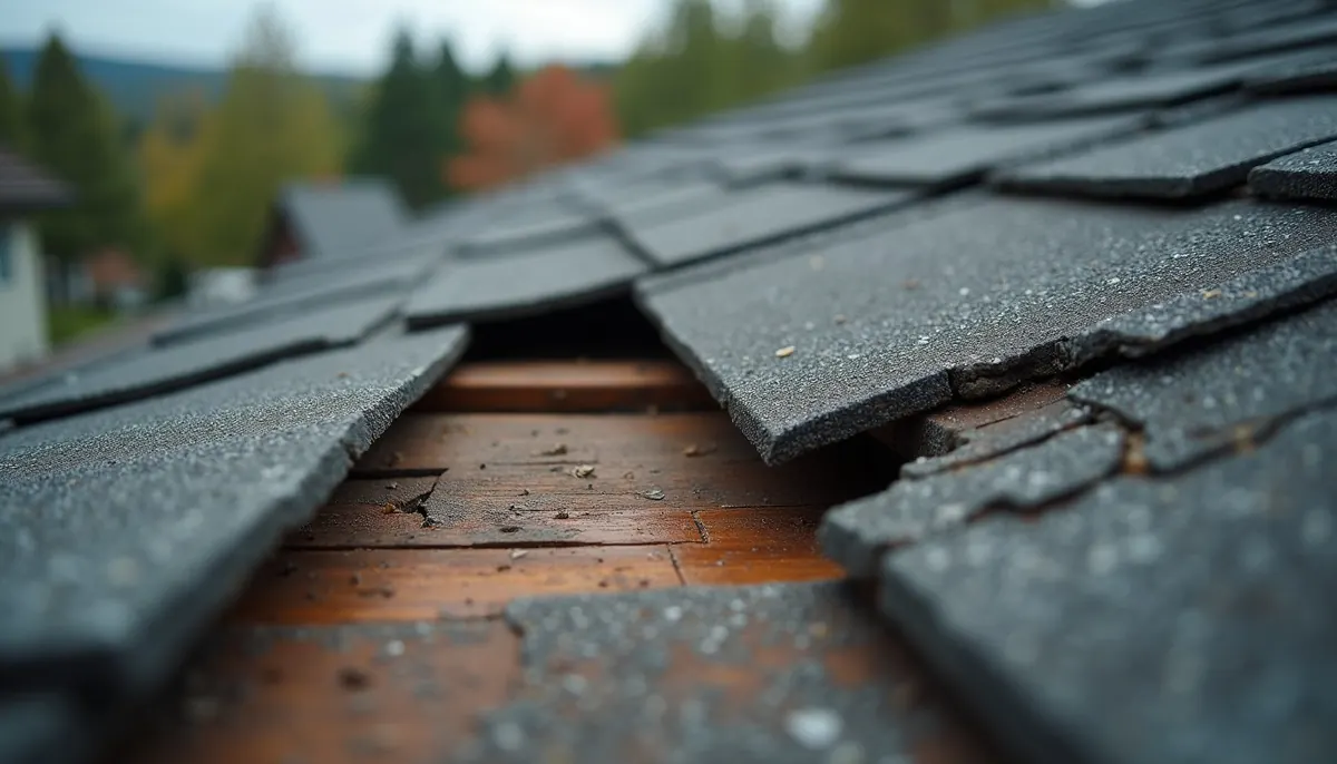 Close-up view of sagging roof deck showing structural damage