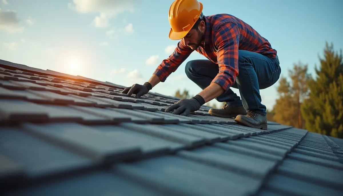 Eye-level view of roofing contractor inspecting roof shingles