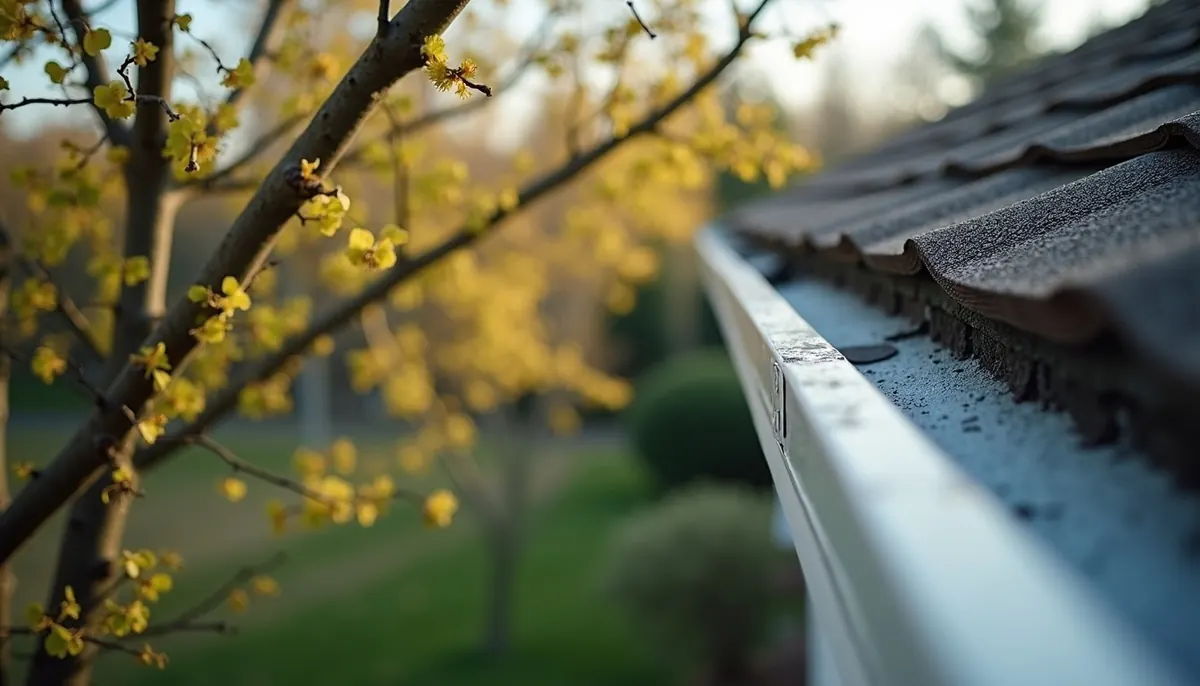 High angle view of clean gutters and trimmed tree branches near roof