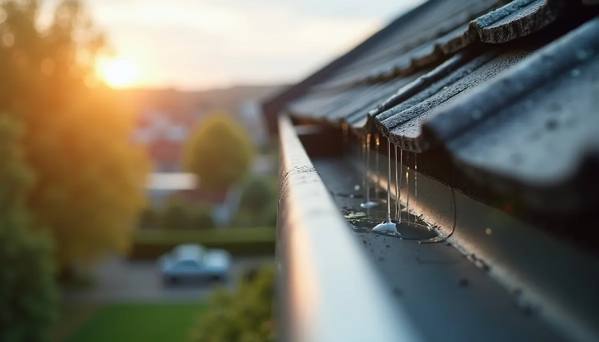 Close-up view of roof gutter being cleaned to prevent water damage