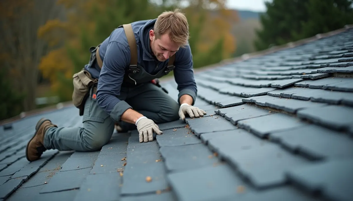 High angle view of roofer installing slate tiles on a residential roof