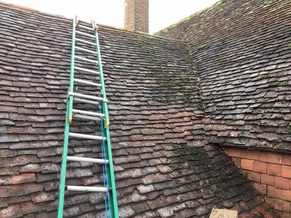 A ladder up an old mossy peg-tile roof towards the chimney at the ridge