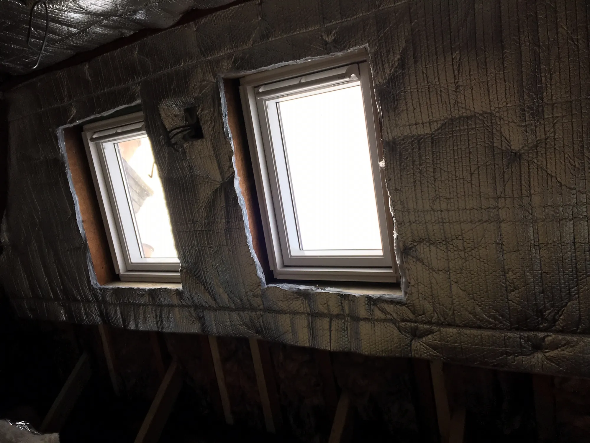 The underside of a roof seen from inside the loft, two roof windows set between the rafters and the membrane